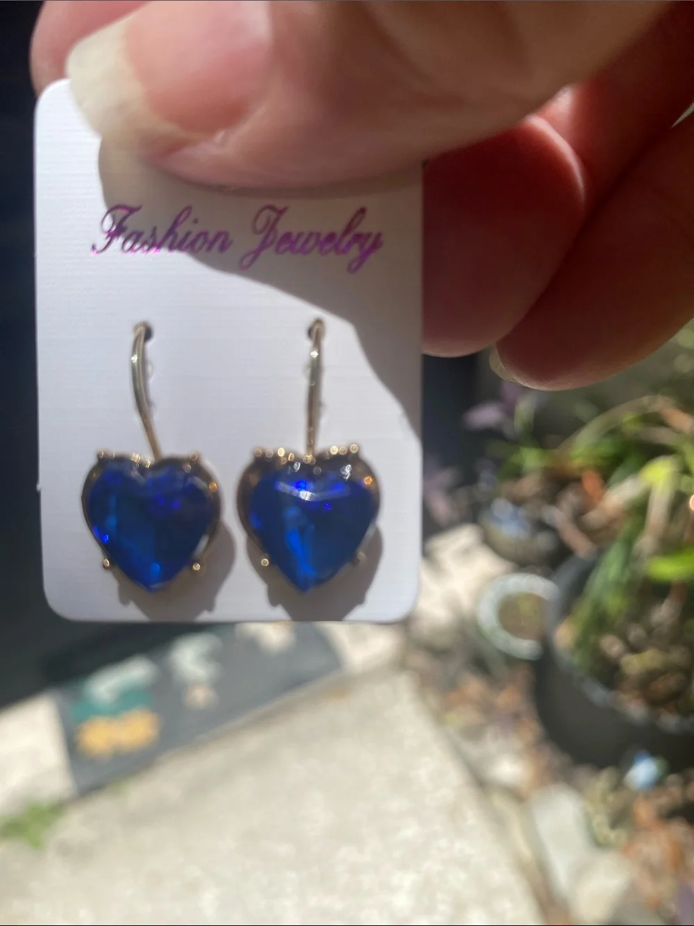 Fashion Jewelry Royal Blue Heart Dangle Earrings - Gold Tone